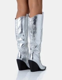 Navada Silver Metallic Wide Fit Western Cowboy Pointed Toe Block Heel Knee High Boots -LoafLuxe Shop 771A5035 8aedb524 23bc 4939 94e1 927d6996af10