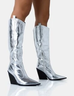 Navada Silver Metallic Wide Fit Western Cowboy Pointed Toe Block Heel Knee High Boots