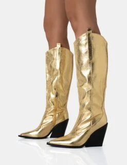 Navada Gold Metallic Western Cowboy Pointed Toe Block Heel Knee High Boots -LoafLuxe Shop 771A5037