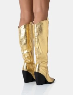 Navada Gold Metallic Western Cowboy Pointed Toe Block Heel Knee High Boots -LoafLuxe Shop 771A5039