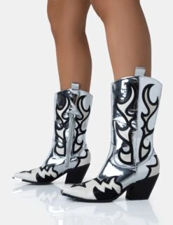 Starrie Silver Mirror Pu Metal Square Toe Heeled Cowboy Ankle Boot -LoafLuxe Shop 771A5041