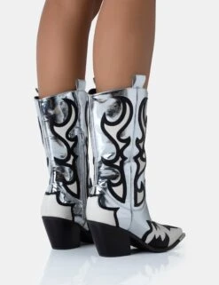 Starrie Silver Mirror Pu Metal Square Toe Heeled Cowboy Ankle Boot -LoafLuxe Shop 771A5043