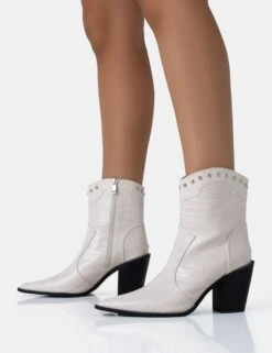Riley Ecru Croc Metal Studded Detail Pointed Toe Western Cowboy Block Ankle Boots 8 Riley Ecru Croc Metal Studded Detail Pointed Toe Western Cowboy Block Ankle Boots -LoafLuxe Shop 771A5049