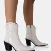 Riley Ecru Croc Metal Studded Detail Pointed Toe Western Cowboy Block Ankle Boots -LoafLuxe Shop 771A5052
