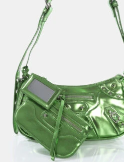The Trackstar Lime Metallic Pu Studded Mirror Zip Detail Handbag -LoafLuxe Shop 771A5092