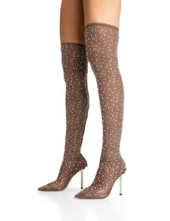 It Girl Chocolate Diamante Holographic Detailed Mesh Pointed Toe Stiletto Sock Boot Heels -LoafLuxe Shop 771A5284