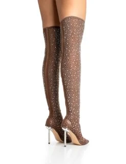 It Girl Chocolate Diamante Holographic Detailed Mesh Pointed Toe Stiletto Sock Boot Heels -LoafLuxe Shop 771A5286