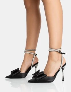 Angelic Black Satin Bow Diamante Wrap Around Pointed Court Stiletto Heel -LoafLuxe Shop 771A5312