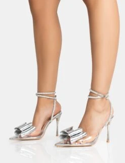 Angelic Silver Mirror Perspex Bow Diamante Wrap Around Pointed Court Stiletto Heel -LoafLuxe Shop 771A5316