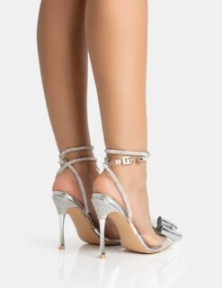 Angelic Silver Mirror Perspex Bow Diamante Wrap Around Pointed Court Stiletto Heel -LoafLuxe Shop 771A5318