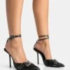 Ozella Black Pu Studded Buckle Wrap Around Pointed Court Stiletto Heel -LoafLuxe Shop 771A5327copy