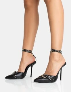 Ozella Black Pu Studded Buckle Wrap Around Pointed Court Stiletto Heel -LoafLuxe Shop 771A5328