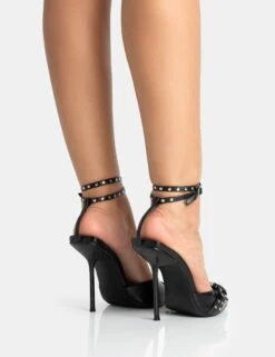 Ozella Black Pu Studded Buckle Wrap Around Pointed Court Stiletto Heel -LoafLuxe Shop 771A5330
