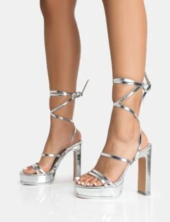 Gimme Gimme Silver PU Strappy Lace Up Block Heels 8 Gimme Gimme Silver PU Strappy Lace Up Block Heels -LoafLuxe Shop 771A5340