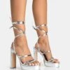 Gimme Gimme Silver PU Strappy Lace Up Block Heels -LoafLuxe Shop 771A5343