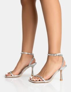Carla Silver Metallic Pu Diamante Barely There Mid Heels -LoafLuxe Shop 771A5344