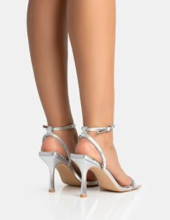 Carla Silver Metallic Pu Diamante Barely There Mid Heels -LoafLuxe Shop 771A5346