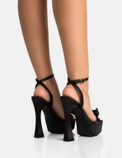 Dreamer Wide Fit Black Satin Extreme Bow Ankle Strap Platform Square Toe Flared Stiletto Heels -LoafLuxe Shop 771A5350