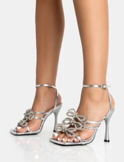 Amelia Silver Mirror Sparkly Diamante Strappy Bow Square Toe Stiletto High Heels -LoafLuxe Shop 771A5372
