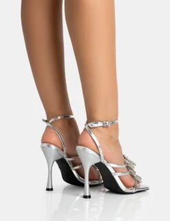 Amelia Silver Mirror Sparkly Diamante Strappy Bow Square Toe Stiletto High Heels -LoafLuxe Shop 771A5374