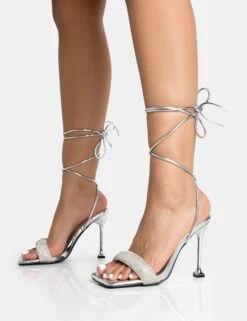 Jenner Silver PU Diamante Strap Lace Up Square Toe Cake Stand Stiletto Heels -LoafLuxe Shop 771A5384