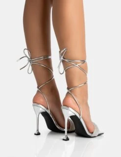 Jenner Silver PU Diamante Strap Lace Up Square Toe Cake Stand Stiletto Heels -LoafLuxe Shop 771A5386