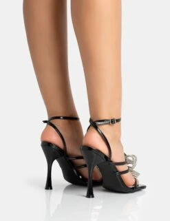 Amelia Black Patent Sparkly Diamante Strappy Bow Square Toe High Heels -LoafLuxe Shop 771A5390
