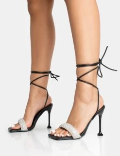 Jenner Black PU Diamante Strap Lace Up Square Toe Cake Stand Stiletto Heels -LoafLuxe Shop 771A5400