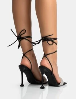 Jenner Black PU Diamante Strap Lace Up Square Toe Cake Stand Stiletto Heels -LoafLuxe Shop 771A5402