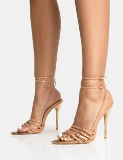 Majesty Nude Patent Buckles Wrap Around Pointed Toe Gold Stiletto Heel -LoafLuxe Shop 771A5416