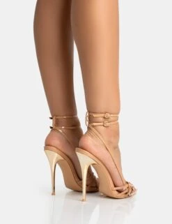 Majesty Nude Patent Buckles Wrap Around Pointed Toe Gold Stiletto Heel -LoafLuxe Shop 771A5418