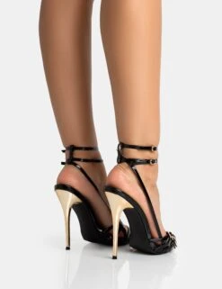 Majesty Black Patent Buckles Wrap Around Pointed Toe Gold Stiletto Heel -LoafLuxe Shop 771A5422