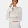 Long Sleeve High Neck Ribbed Knitted Crop Top White -LoafLuxe Shop 771A5543
