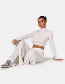 Long Sleeve High Neck Ribbed Knitted Crop Top White -LoafLuxe Shop 771A5577