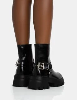 Blizzard Black Pu Silver Metal Buckle Detailed Zip Up Rounded Chunky Sole Ankle Boots -LoafLuxe Shop 771A5586