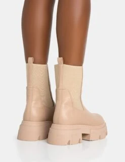 Edgy Taupe Pu Elasticated Ankle Rounded Chunky Sole Ankle Boots -LoafLuxe Shop 771A5595