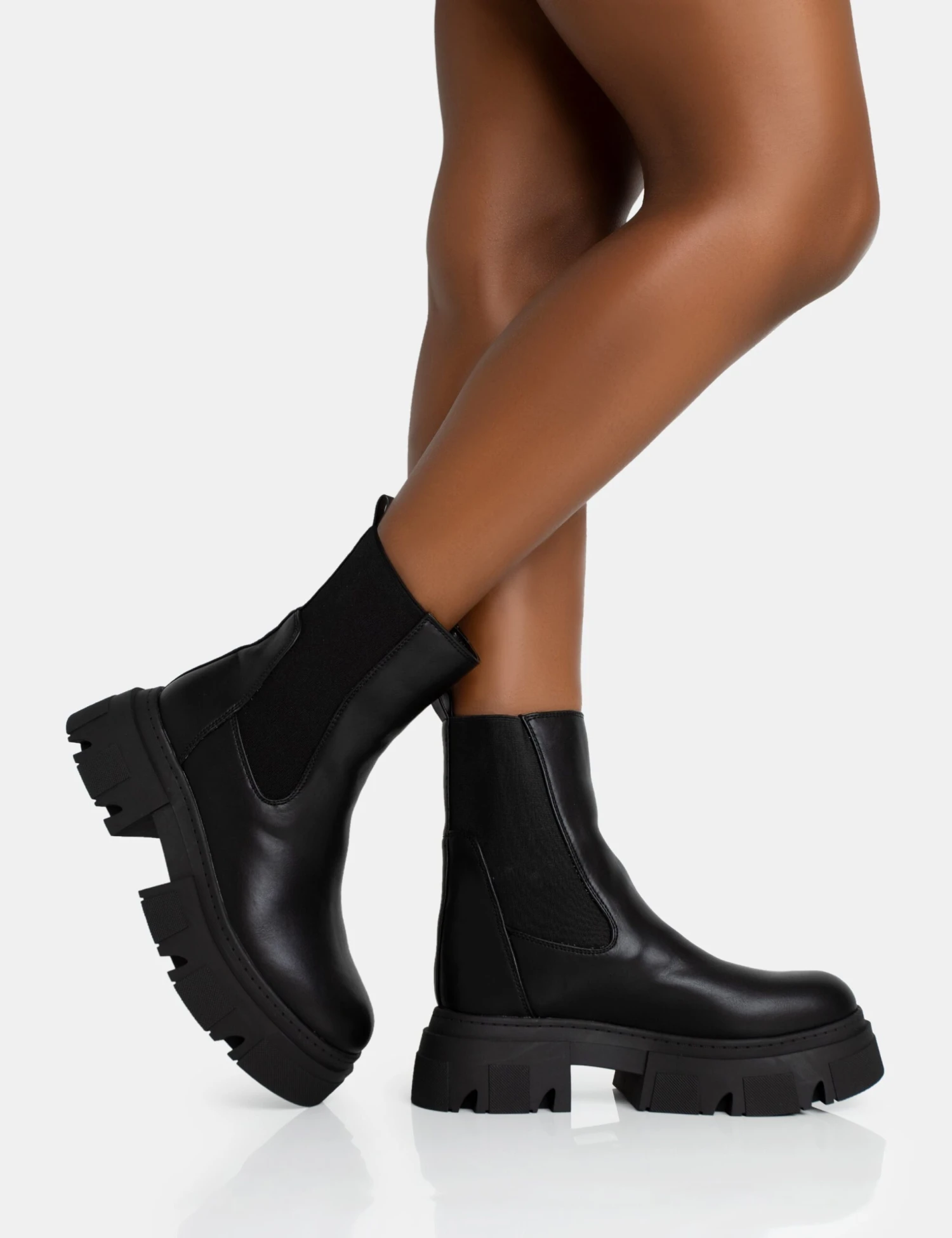 Edgy Black Pu Elasticated Ankle Rounded Chunky Sole Ankle Boots 4 Edgy Black Pu Elasticated Ankle Rounded Chunky Sole Ankle Boots - Image 2