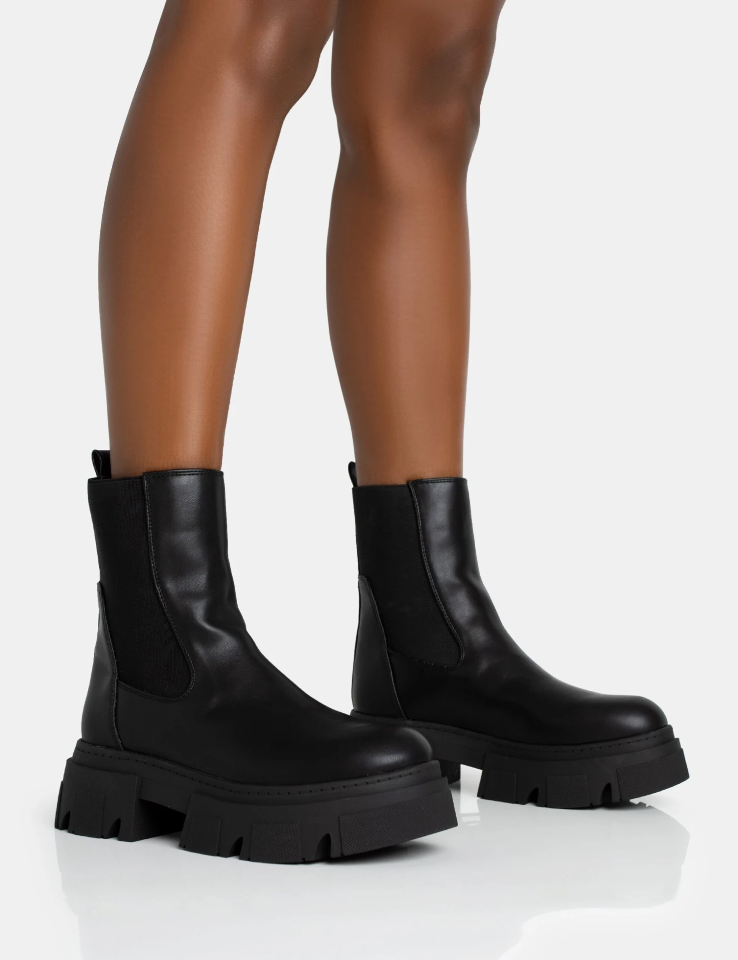 Edgy Black Pu Elasticated Ankle Rounded Chunky Sole Ankle Boots 3 Edgy Black Pu Elasticated Ankle Rounded Chunky Sole Ankle Boots