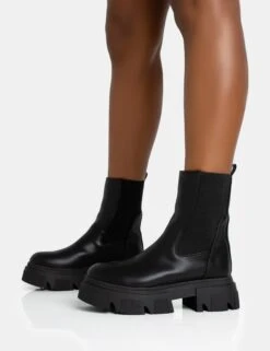 Edgy Black Pu Elasticated Ankle Rounded Chunky Sole Ankle Boots 8 Edgy Black Pu Elasticated Ankle Rounded Chunky Sole Ankle Boots -LoafLuxe Shop 771A5600