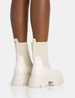 Edgy Cream Pu Elasticated Ankle Rounded Chunky Sole Ankle Boots -LoafLuxe Shop 771A5607