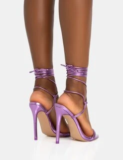 Merlot Metallic Lilac Lace Up Wrap Around Pointed Toe Stiletto Heel -LoafLuxe Shop 771A5611