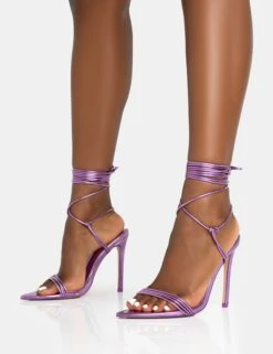 Merlot Metallic Lilac Lace Up Wrap Around Pointed Toe Stiletto Heel -LoafLuxe Shop 771A5612