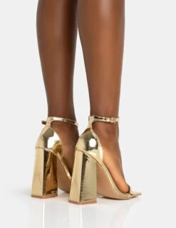 Geri Gold PU Barely There Square Toe Block Heels -LoafLuxe Shop 771A5618