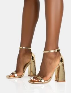 Geri Gold PU Barely There Square Toe Block Heels -LoafLuxe Shop 771A5620