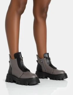 Astra Wide Fit Grey And Black Zip Front Chunky Ankle Boots