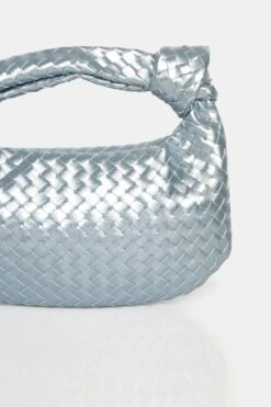 The Blame Metallic Silver Iridescent Woven PU Knot Detail Mini Grab Bag -LoafLuxe Shop 771A5650