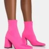 Delani Hot Pink Neoprene Zip Up Rounded Pointed Toe Block Heel Ankle Boots