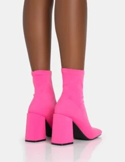 Delani Hot Pink Neoprene Zip Up Rounded Pointed Toe Block Heel Ankle Boots -LoafLuxe Shop 771A5879