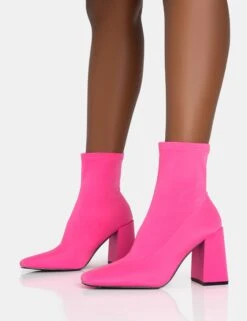 Delani Hot Pink Neoprene Zip Up Rounded Pointed Toe Block Heel Ankle Boots -LoafLuxe Shop 771A5880