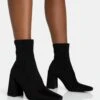 Delani Black Neoprene Zip Up Rounded Pointed Toe Block Heel Ankle Boots -LoafLuxe Shop 771A5890